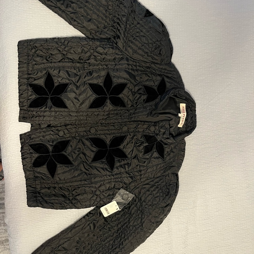 Free People Black Quilted Jacket with Floral Design